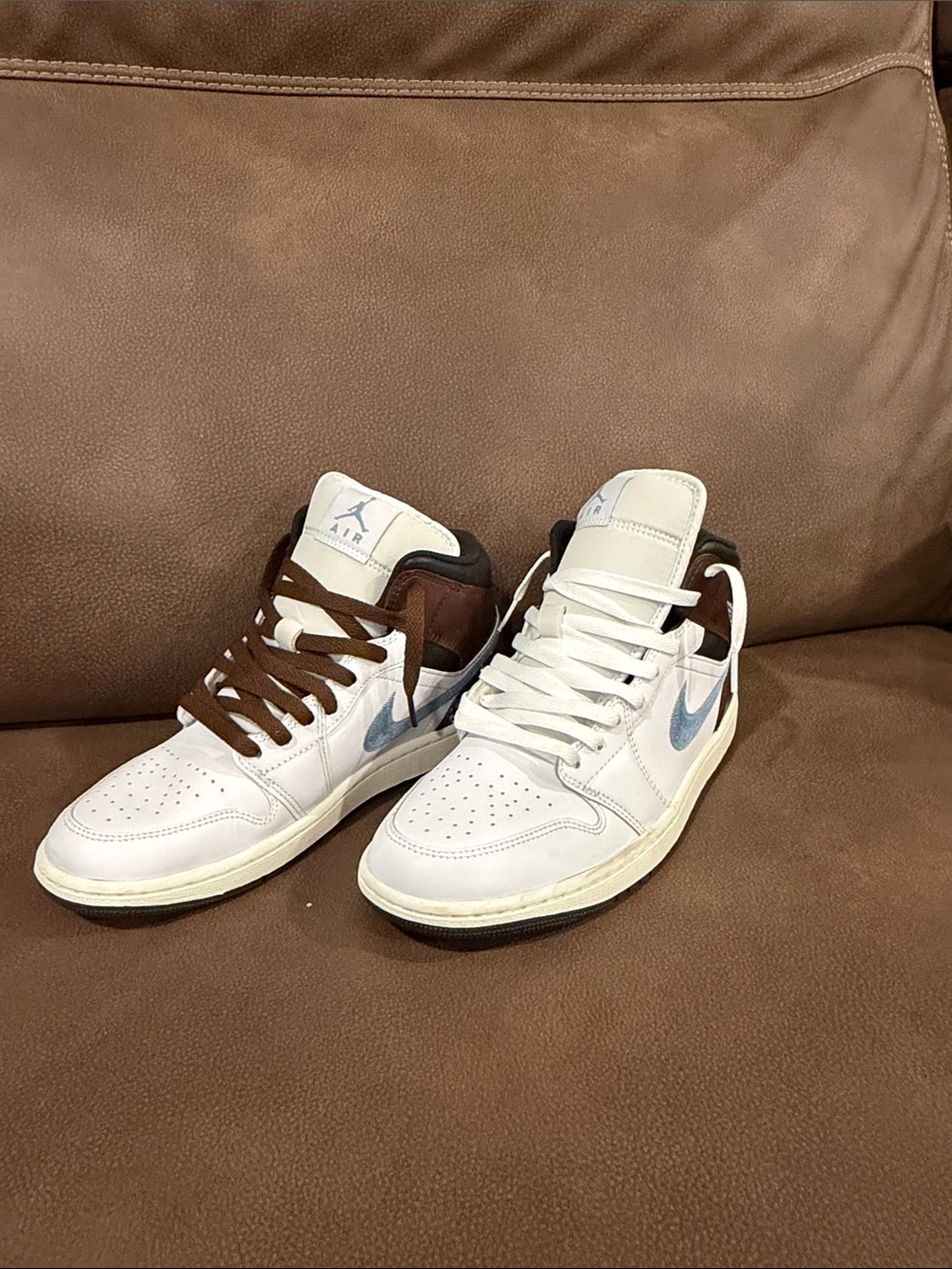 Jordan Mid Sneakers in White, Brown and Light Blue - Picture 4 of 9